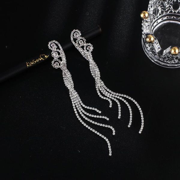 

yfjewe new long tassel rhinestone earrings for women shiny crystal dangle earrings statement party fashion jewelry gifts e664, Silver