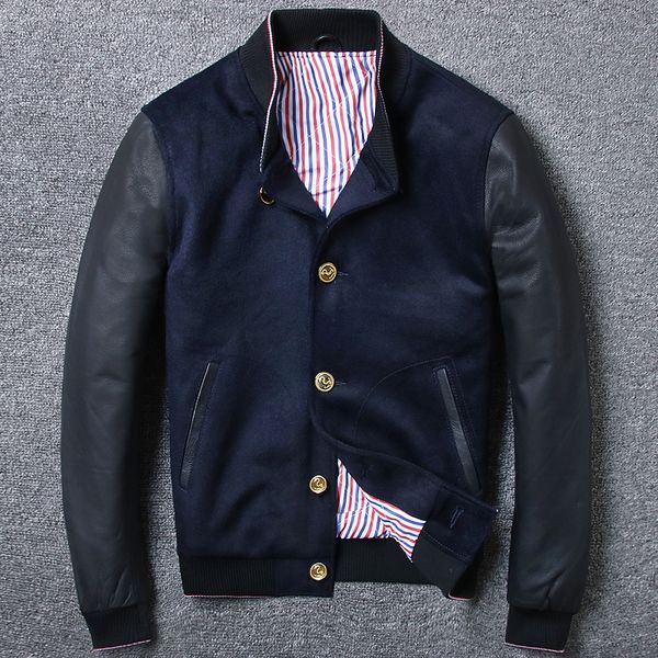 

ng mens spliced woolen genuine leather overcoat short slim blue baseball coats jackets single breasted sheepskin, Black