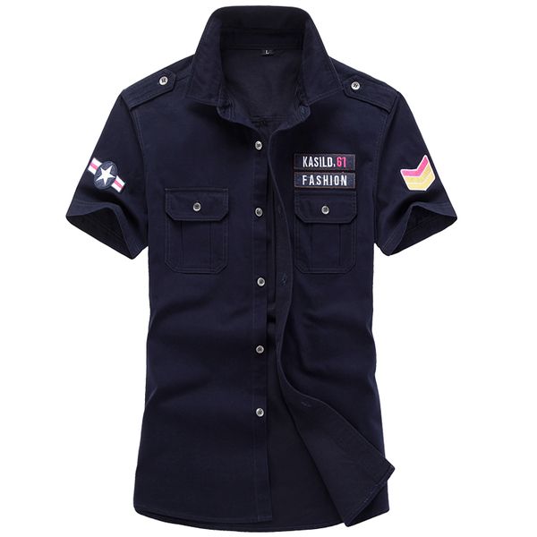 

trendy men shirt pocket cotton short sleeve shirt armband royal blue armygreen khaki -6xl male blouses, White;black