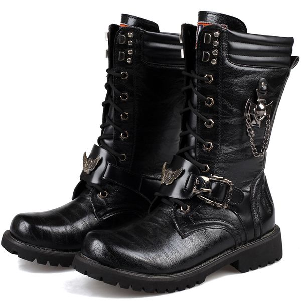 

men handsome army boots high combat boots metal buckle punk mid-calf male motorcycle lace up men's shoe rock38-45, Black