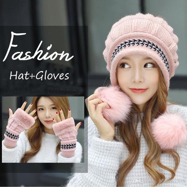 

wholesale women winter outdoor warm knitted hat gloves sets cute girls knit thicken warm hat fingerless mitten party hats dh0505