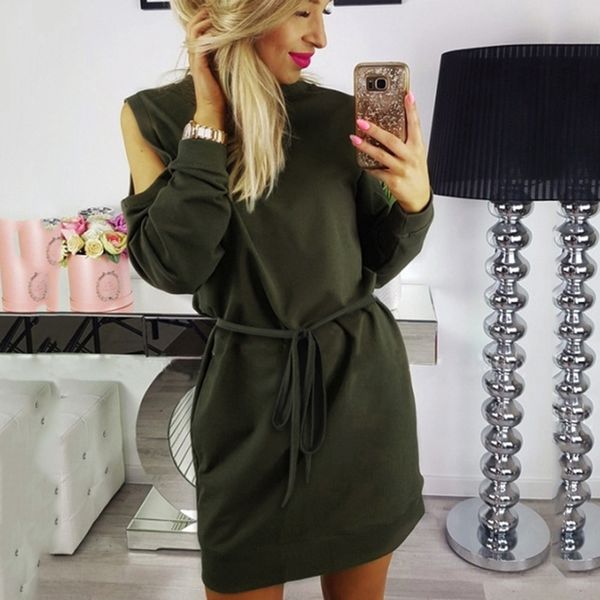 

autumn winter fashion cold shoulder women dress long sleeve o neck casual ladies dress belted solid party vestidos, Black;gray