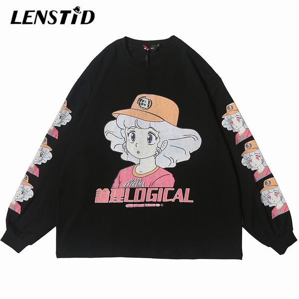 

lenstid 2020 men hiphop anime cartoon girl print t shirt harajuku streetwear tshirt long sleeve oversize t-shirt cotton tees, White;black