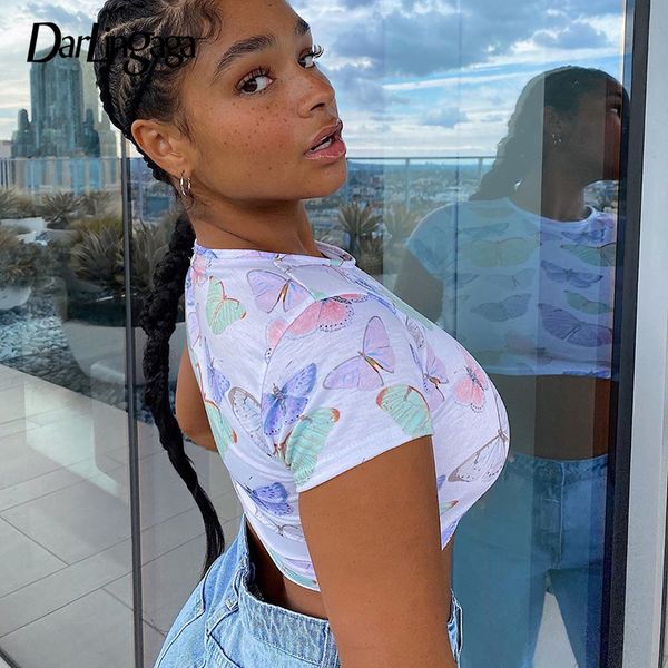

darlingaga casual butterfly print bodycon crop tshirt slim short sleeve basic fashion summer women's t-shirt 2020 tee shirts, White