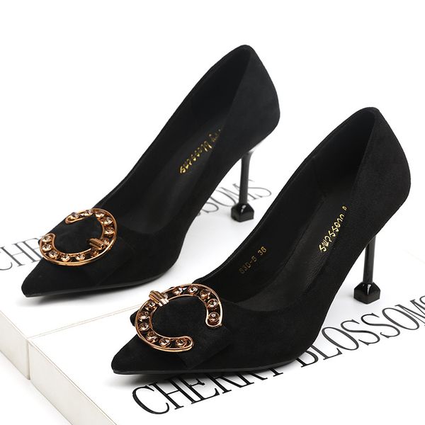 

2020 spring new korean fashion wild high heel stiletto suede pointed shallow mouth single shoes female kitten with shoes 35-40, Black