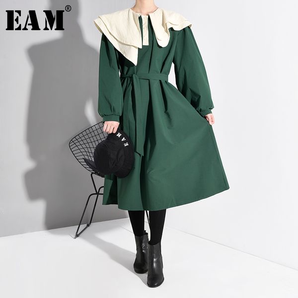 

eam] women green asymmetrical big size dress new double-layer collar long sleeve loose fit fashion spring autumn 2020 1m86001, Black;gray