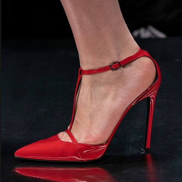 

dress shoes concise red patent leather t-bar high heel pumps ankle strap hollow pointed toe gladiator sandals t women, Black