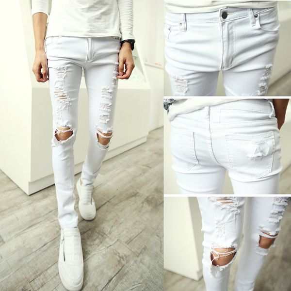 

men jean 2015 new autumn washed knee scratched hole jeans for men black casual slim fit ripped jeans pencil pants size -xxl, Blue