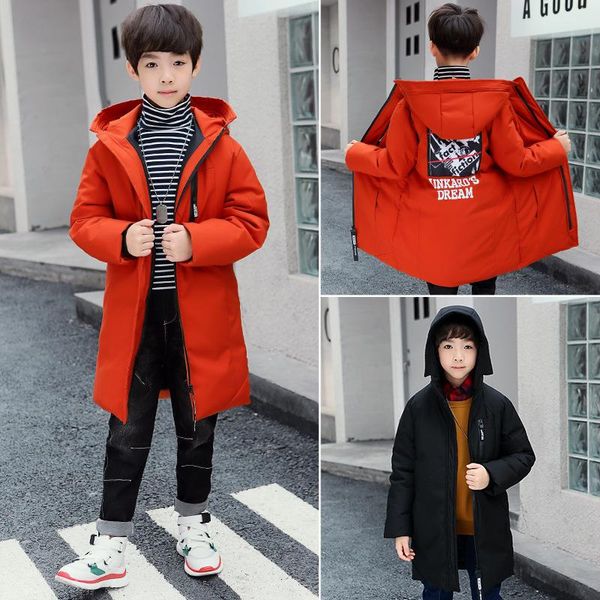 

children's clothing boys' cotton winter coat long thick warm jacket casual fashion hooded windbreaker kid outwear 3-15 years old, Blue;gray