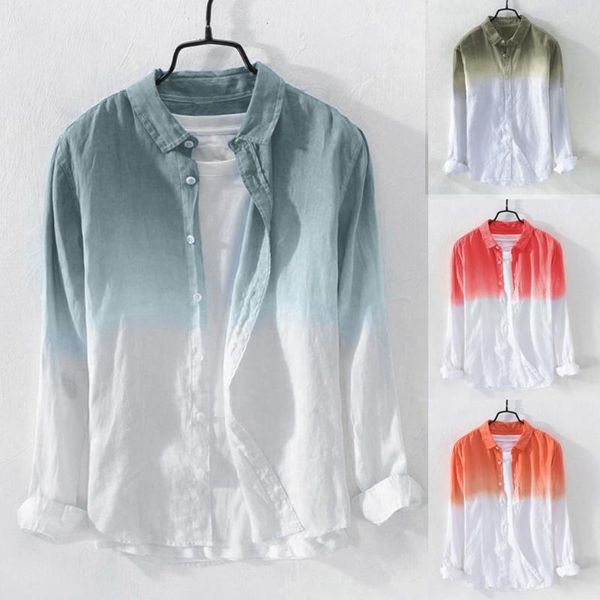 

summer mens cool thin breathable lapel collar hanging dyed gradient cotton shirt patchwork long sleeve casual shirt hip hop male, White;black