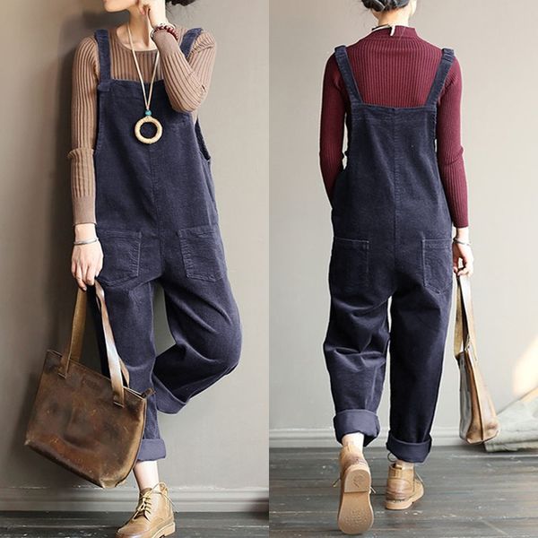 

kaftan corduroy jumpsuits women's overalls casual rompers 2020 zanzea spring suspender button playsuits female solid pant turnip, Black;white