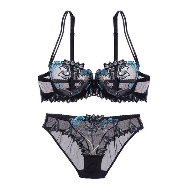 

women flowers embroidery lingerie set female lace transparent underwear set ladies hollow out see through bra +panties, Red;black