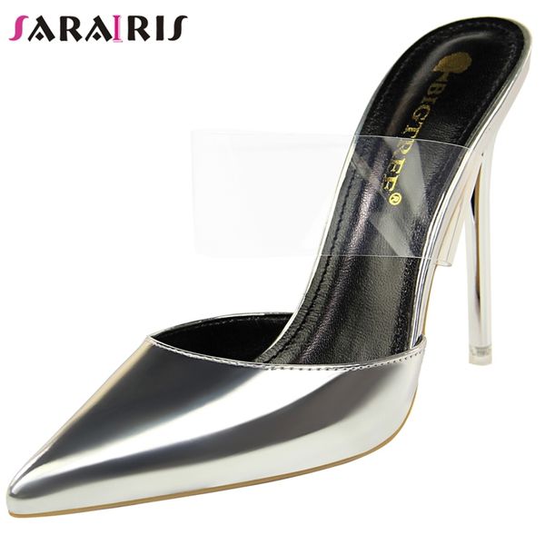 

sarairis female pointed toe wedding party slippers thin heels summer fashion slippers women metallic shoes woman, Black