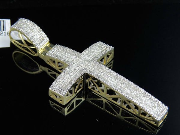 

men's 10k yellow gold invisible princess dome real diamond cross pendant 3.0ct