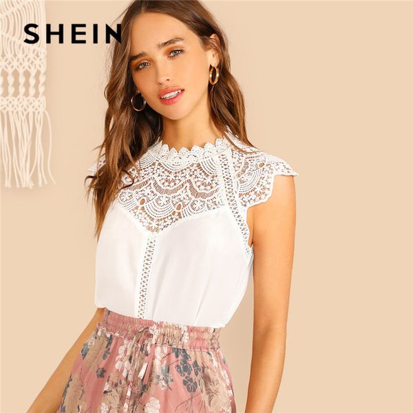 

shein keyhole back guipure lace mock-neck women blouse ladies summer casual sleeveless stand collar solid blouse, White