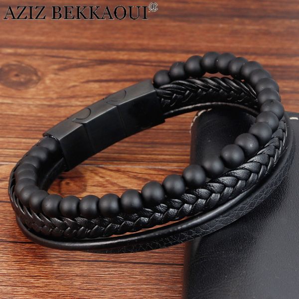 

aziz bekkaoui new frosted stone multi-layer leather bracelet men/women hand-woven leather bracelet fashion jewelry dropshipping, Golden;silver