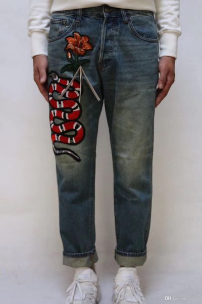 

2019 jeans men male straight fit pants classic jeans men denim embroidery red snake fashion trousers casual straight pants light blue