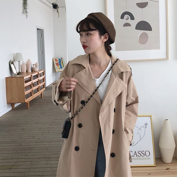 

autumn trench coat for women solid turn-down collar long sleeve women's coat korean style elegant double breasted windbreaker, Tan;black
