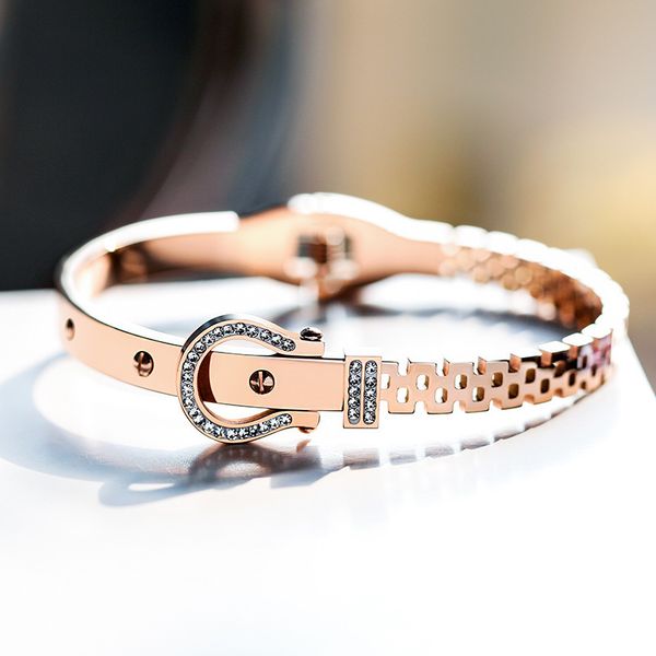 

female titanium steel new buckle design bangle fashion jewelry bracelet crystal concise wristlet jewel women, Black