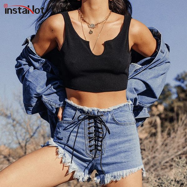 

instablue lace up tassel jeans shorts women 2019 denim fashion high waist pockets slim shorts trouser lady summer streetwear, White;black