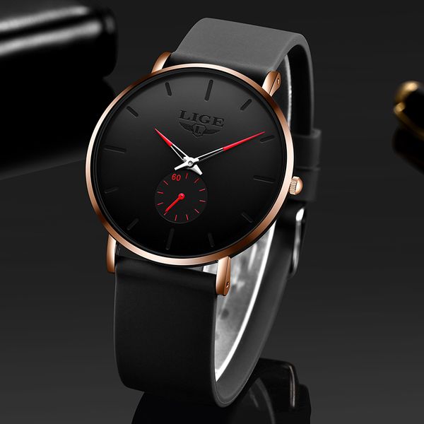

2020 lige watches men silicone strap ultra thin watches men classic quartz men's wrist watch relogio masculino, Slivery;brown