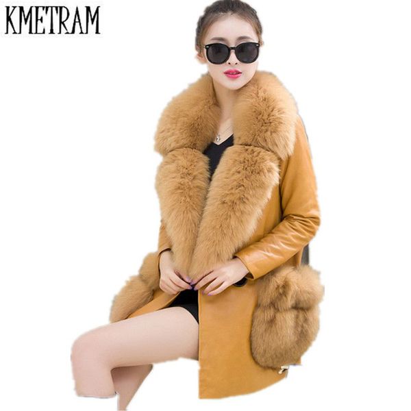 

2017 european style pu leather jacket women down cotton parkas faux large fur collar womens winter jackets and coats wuj0767, Black