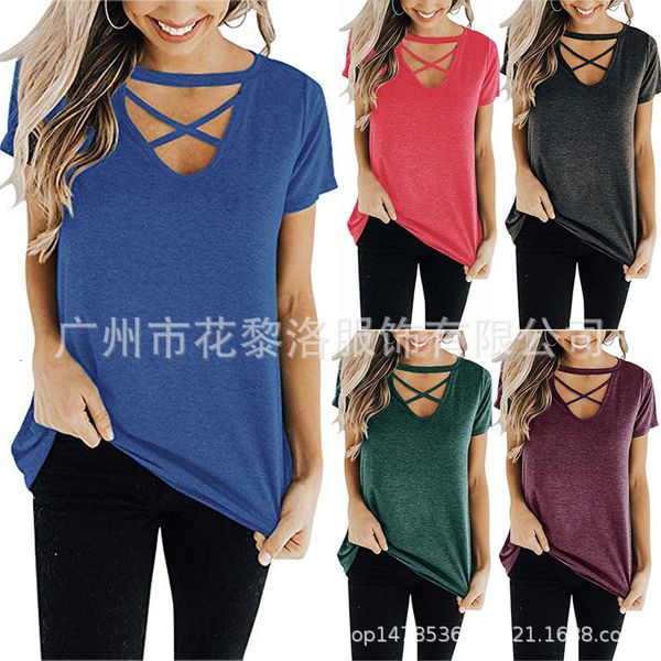 

v summer 2019 collar front chest overlapping bandage pure color shirt large code women's wear t shirts, Gray;blue