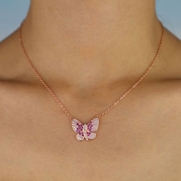 

ambre pink white colorful cz trendy women jewelry necklace rose gold color beautiful gorgeous butterfly pendant lady necklaces, Silver