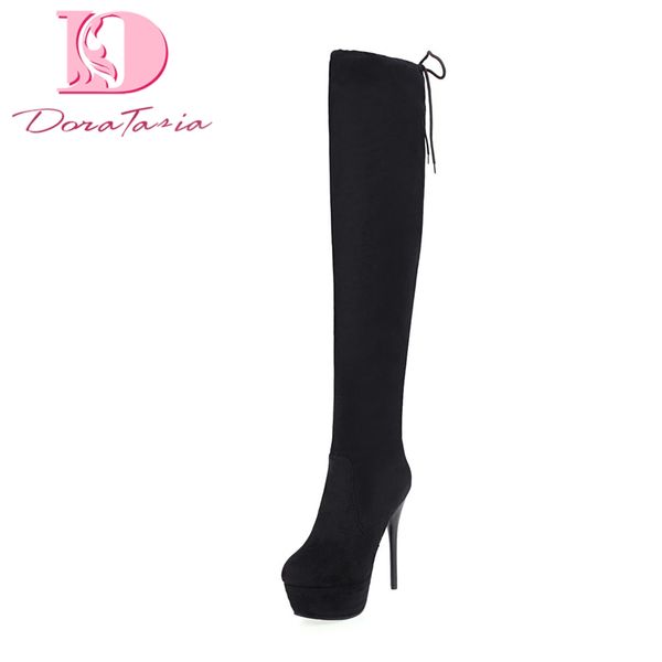 

doratasia over the knee boots women thin high heels party prom shoes ladies high platform sock boots plus size 43, Black