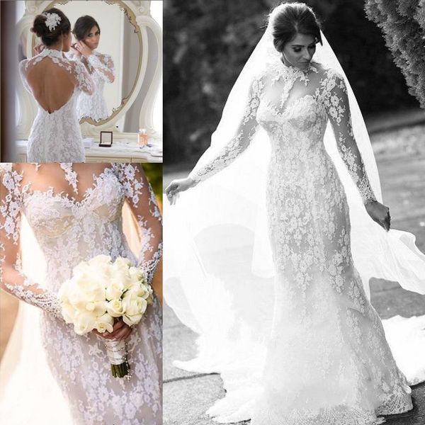 

long sleeve high neck wedding dresses backless handmade appliques lace mermaid 2019 new charming design bridal gowns custom size, White
