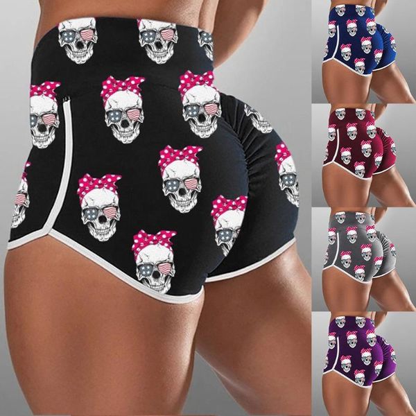 

women fitness shorts sports high waist shorts athletic gym workout running yoga leggings briefs athletic breathable skull print, White;red
