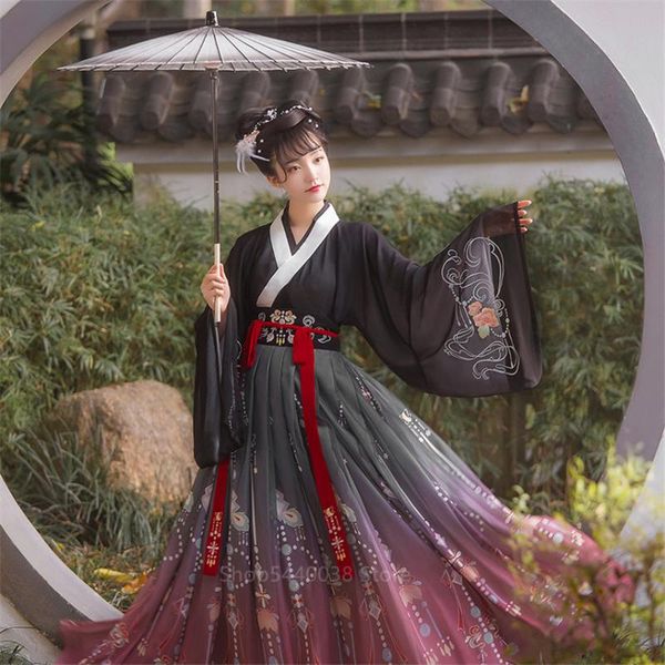 

new women hanfu traditional chinese clothing festival outfit embroidery ancient folk stage performance dance costumes, Black;red