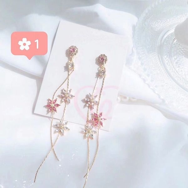 

mengjiqiao 2019 new korean crystal pink flower tassel long drop earrings for women geometric elegant dangle pendientes gifts, Silver