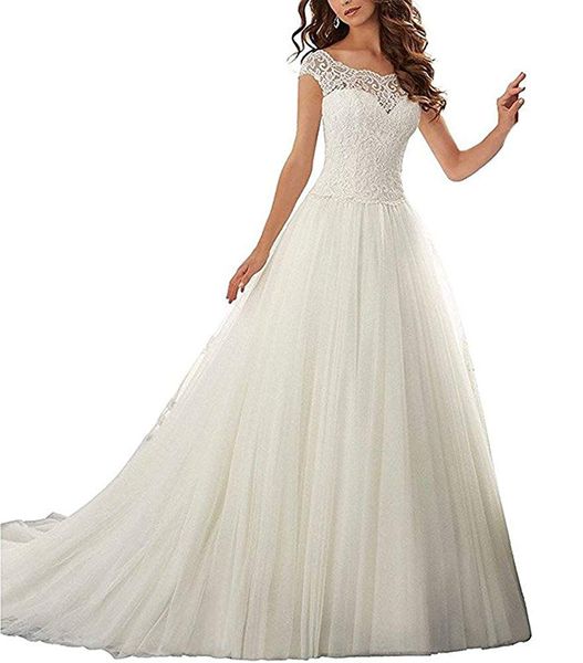 

simple long lace modest wedding gowns a-line cap sleeve illusion neckline lace appliques tulle elegant court train bridal dresses, White