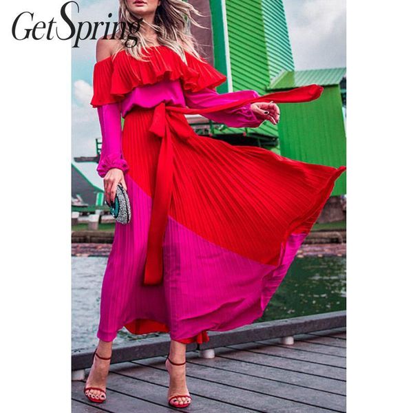 

getspring women dress slash neck off the shoulder dresses women plus size summer dresses bandage patchwork pleated long dress, Black;gray