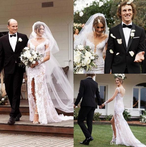 

2020 elegant lace side split mermaid wedding dresses long sleeves covered button sweep train bohemian boho wedding gowns vestidos de noiva