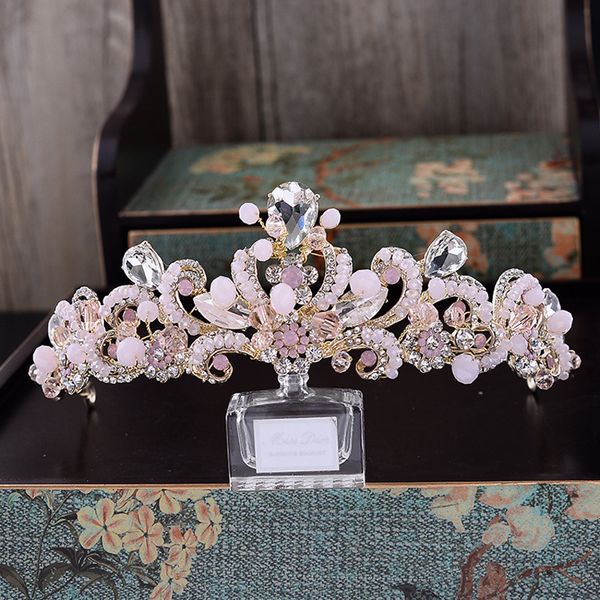 

sweet pink crystal bridal headpiece chain wedding rhinestone flowers tiara crown headband gold bridesmaid hair jewelry, Golden;white