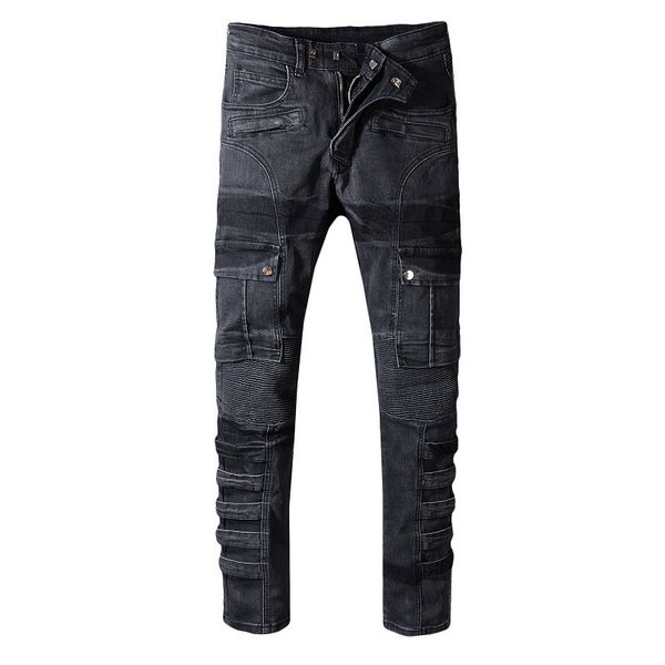 

mens designer brand jeans fashion many bandage decoration mens pencil pants hidden button pleated luxury jeans, Blue