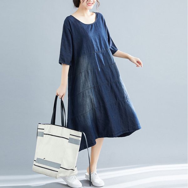 

johnature new wash denim dress summer loose casual o-neck half sleeve solid color simple fashion women jeans dresses 2019, Black;gray
