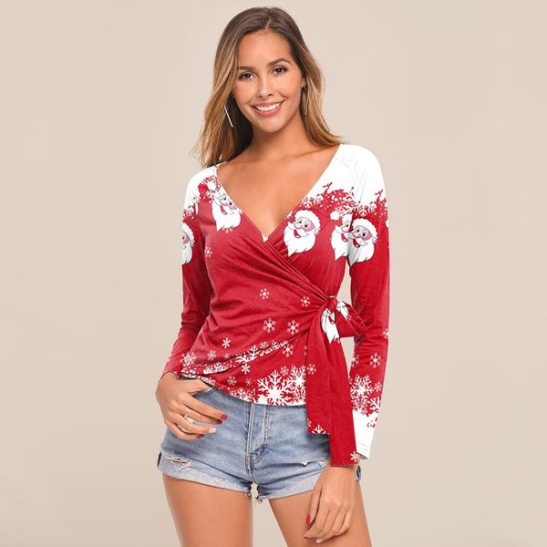 

fashion christmas print blouse casual santa claus winter ladies v-neck female women long sleeve shirt blusas pullover, White