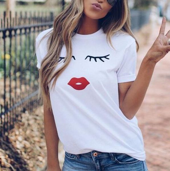 

красивые и милые ресницы красные губы с принтом женская футболка летняя повседневная футболка с коротким рукавом с круглым вырезом женская б, White