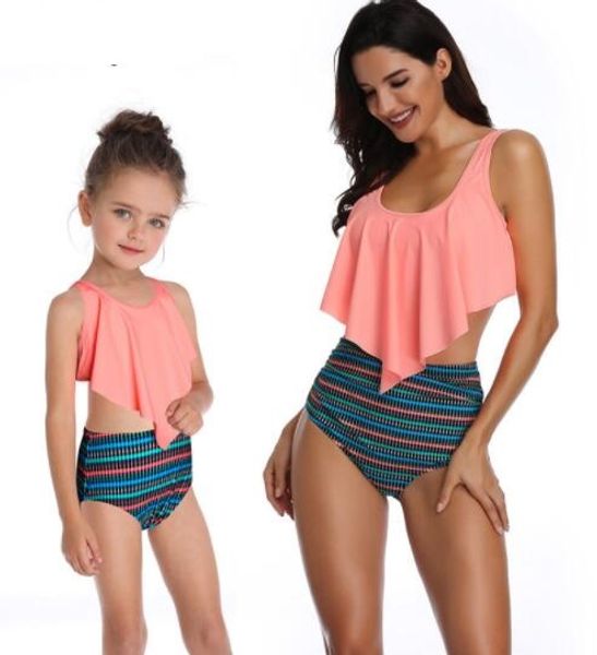 

discount kids split swimsuit women's printed high waisted bikini with ruffles for parents and children bikinis set three piece wear