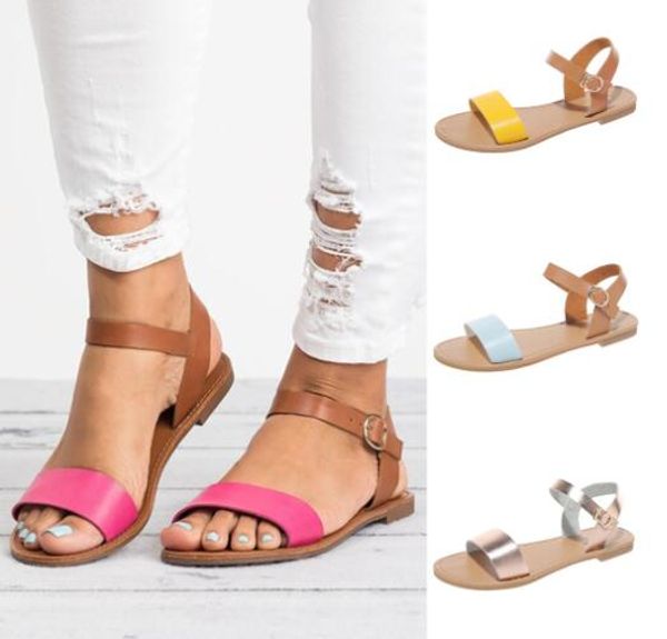 

mixed color buckle strap peep toe sandals summer women's ladies roma flat casual shoe fish mouth gladiator sandals, Black