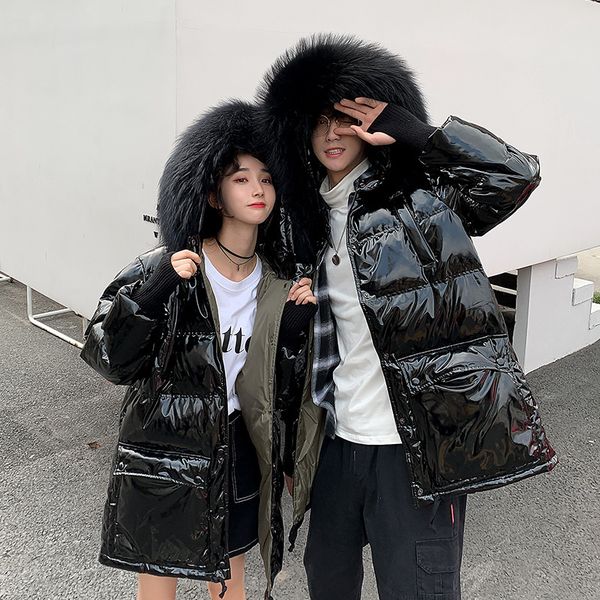 

women down coats 2019 autumn winter brands black shining real fur hooded collar warm jackets female wear parkas plus size