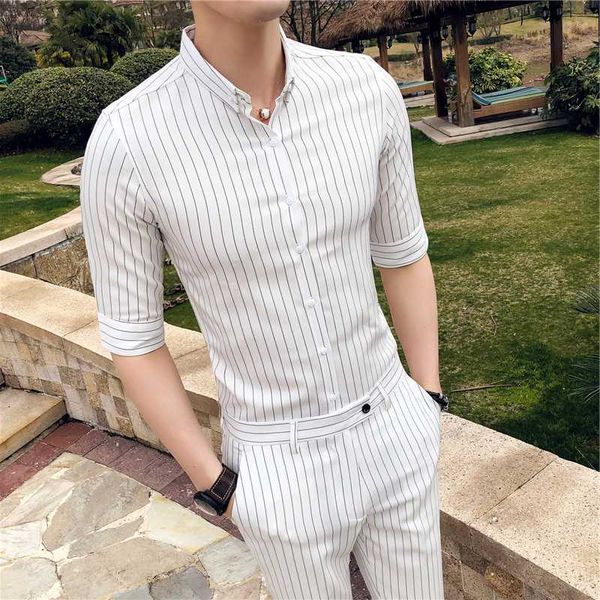 

men's suits & blazers white short shirt with pant fashion british style slim fit striped business formal shirts men suit casual host dr, White;black