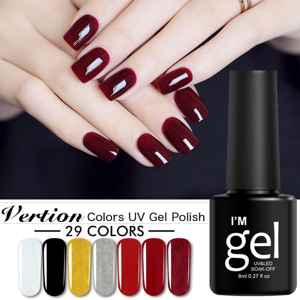 

verntion 8ml pure 29 colors uv gel nail polish lucky led varnish primers led hybrid semi permanent paint gellak, Red;pink