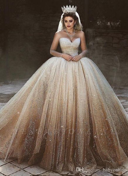 Glitzernde Tüll-Pailletten-Ballkleid-Hochzeitskleider, transparente lange Ärmel, U-Ausschnitt, herzförmiger Ausschnitt, bauschige arabische Brautkleider im Dubai-Stil 330 330