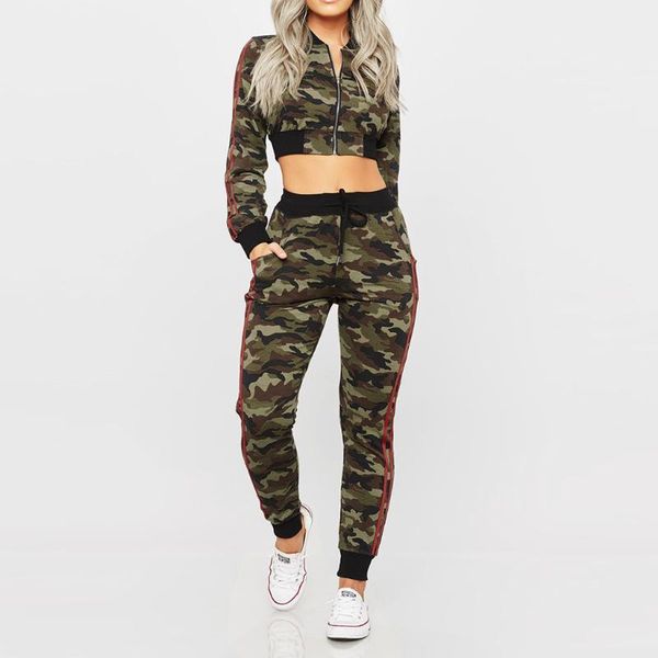 

two piece set women crop and cargo pants fashion women long sleeve pocket lacing zipped camouflage print pants casual set#g4, White;black