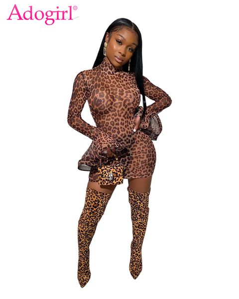 

adogirl leopard print sheer mesh women dress turtleneck flare long sleeve bodycon mini night club dress party vestidos, Black;gray
