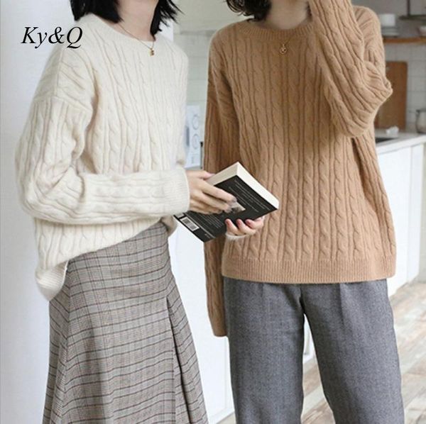 

женщины осень зима 2020 новый простой толстые knit кашемировый свитер ленивый ветер сплошной цвет o-образным вырезом viper twist пуловер сво, White;black